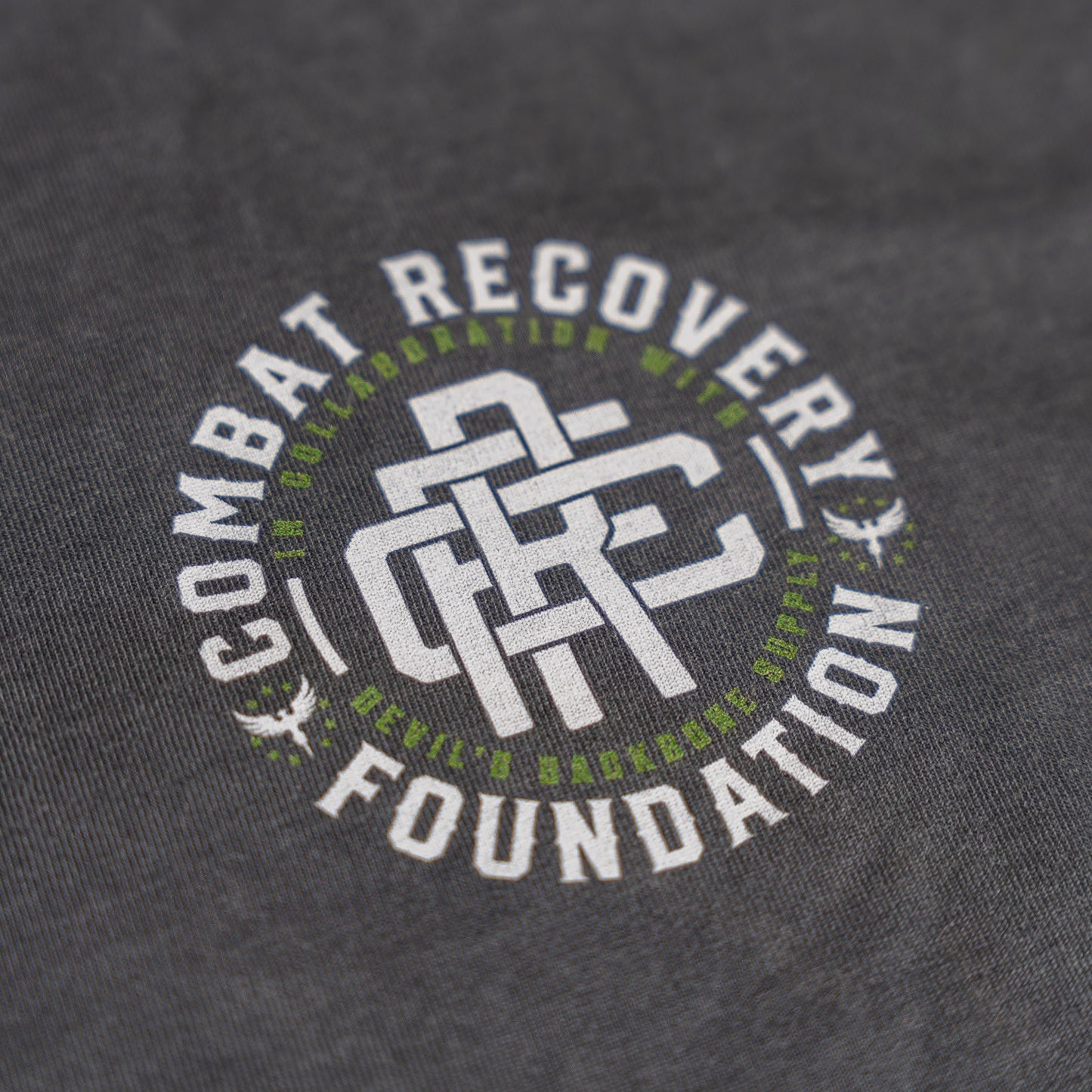 Gray t-shirt with 'Combat Recovery Foundation' logo and text on a dark gray background