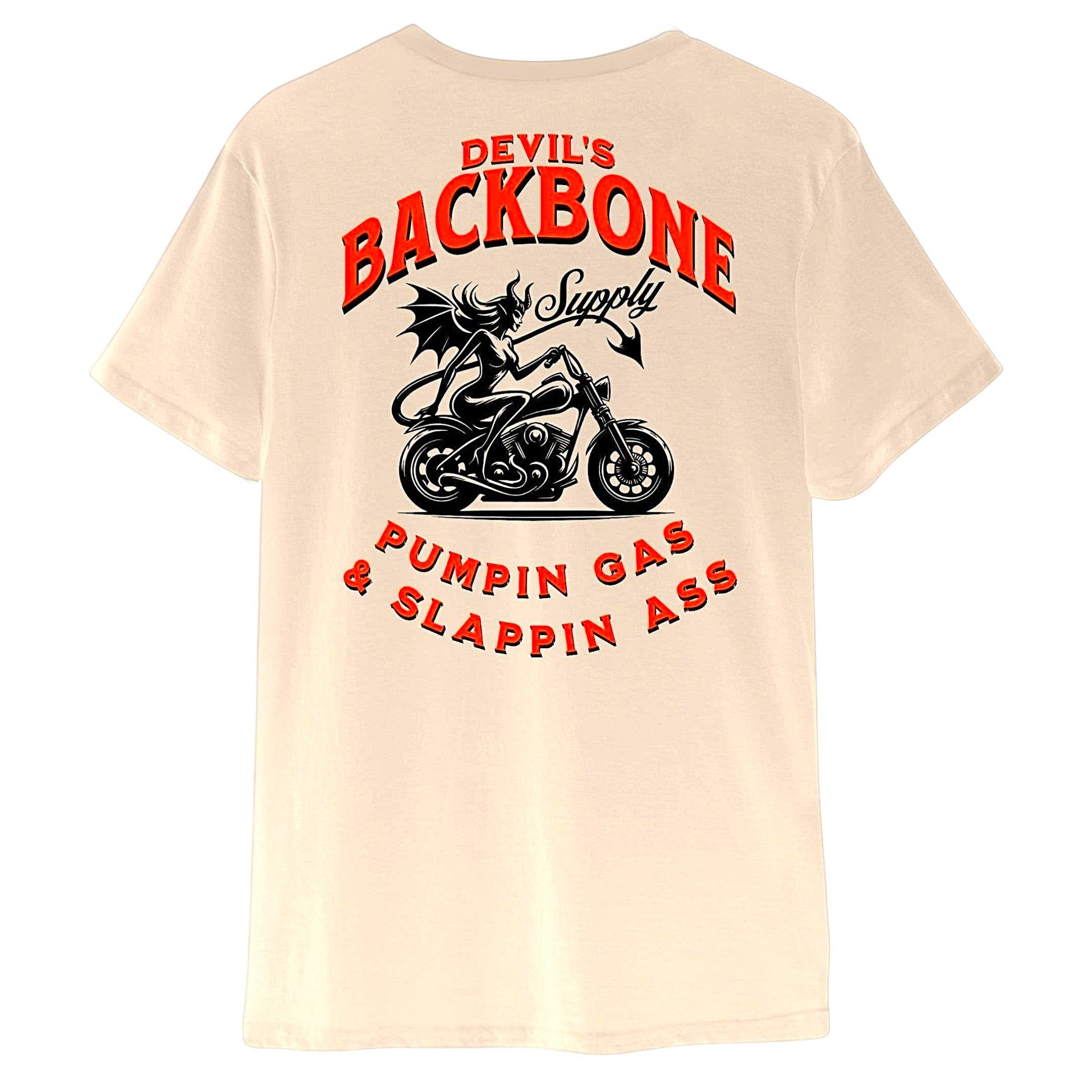 Devil's Backbone Supply beige mid-weight cotton t-shirt featuring a graphic of a devil on a motorcycle on the back.