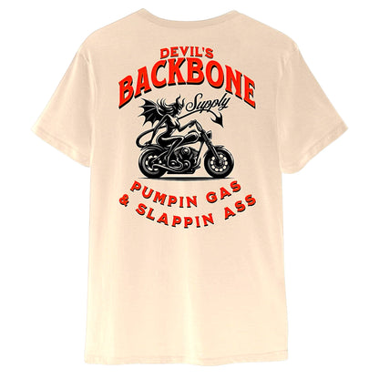 Devil's Backbone Supply beige mid-weight cotton t-shirt featuring a graphic of a devil on a motorcycle on the back.