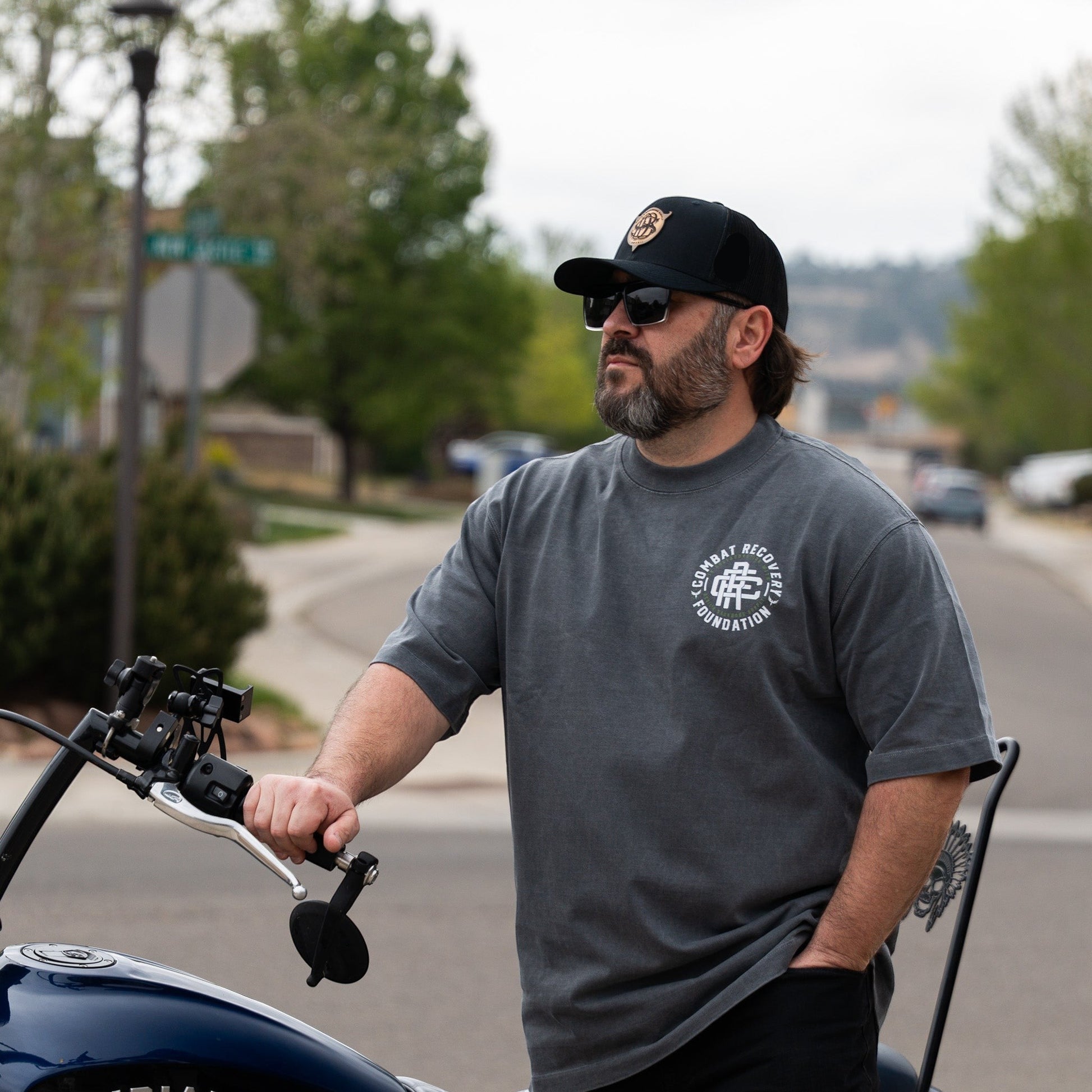 Devil's Backbone Supply CRF Monogram Vintage Heavy T, charcoal grey, drop-shoulder fit, crew neck, short sleeves.