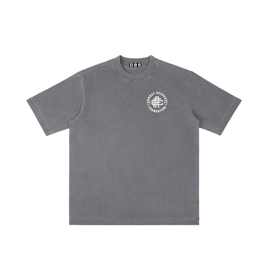 Devil's Backbone Supply CRF Monogram Vintage Heavy T-shirt in grey, featuring a drop-shoulder fit and performance stretch fabric.